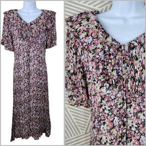Vtg Gauze Shirt Dress Sz 14 Large Boho Crinkle Floral Lightweight Flare Midi Alt